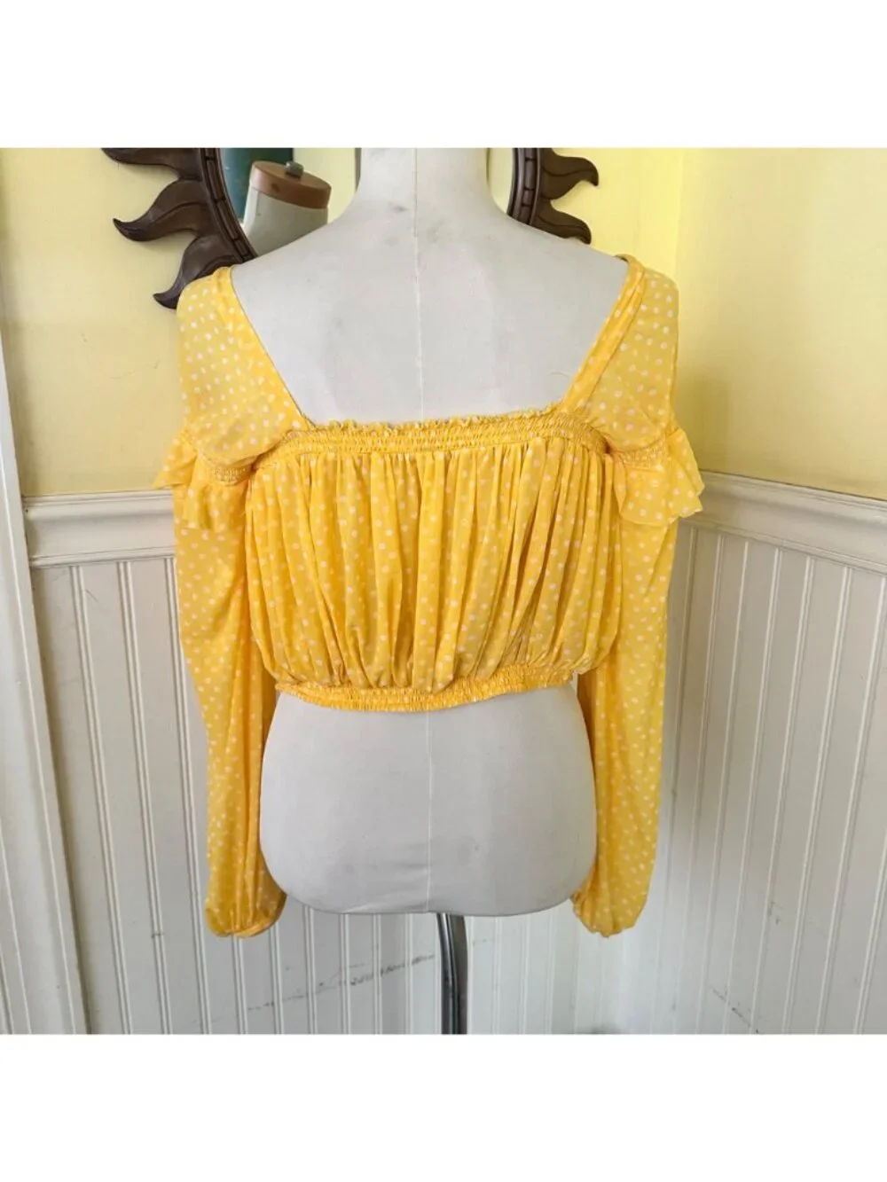 Free People Medium Butter Yellow Ruffle Off Shoulder Polka Dot long sleeve Crop